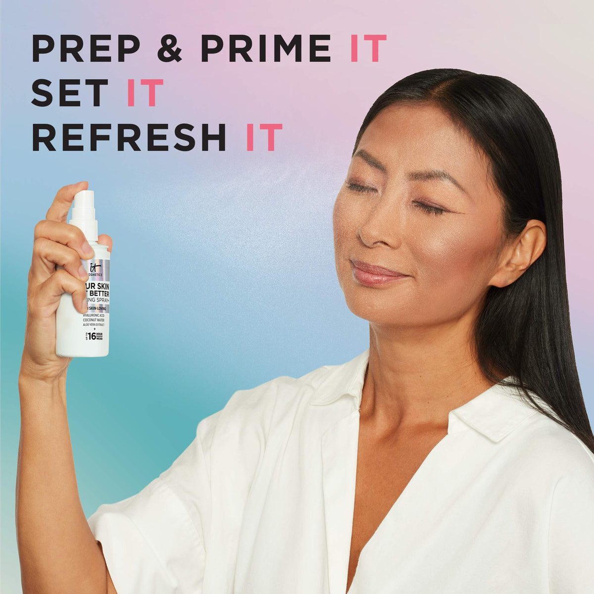 IT Cosmetics spray in use on model, provides quick refresh and shine control benefit