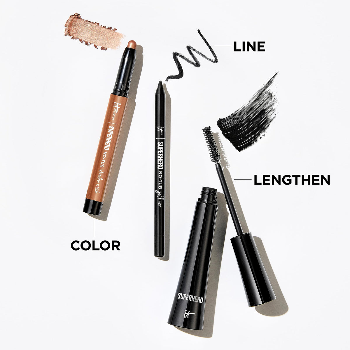IT Cosmetics modeled evening look wearing Super Slate, shows polished metallic finish benefit