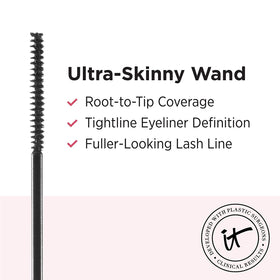 IT Cosmetics Tightline black stroke swatch showing dense pigment and smooth, lengthening finish