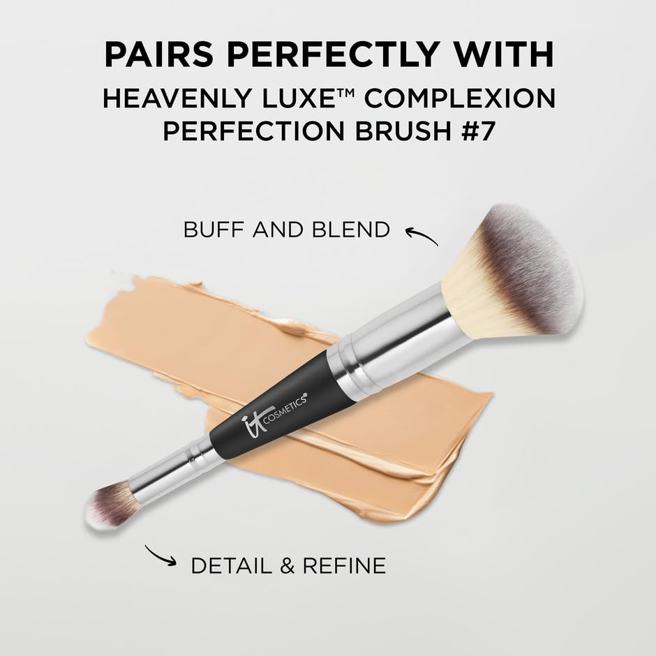 IT Cosmetics on vanity among skincare items showing daily routine compatibility and calm finish