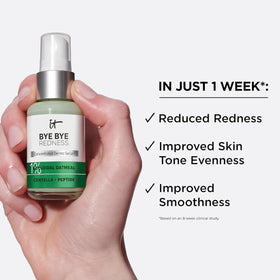 IT Cosmetics serum being applied to cheek to soothe visible redness