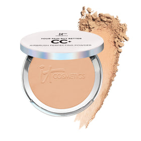 IT Cosmetics front packaging showing compact and shade Medium Tan for travel-friendly finish