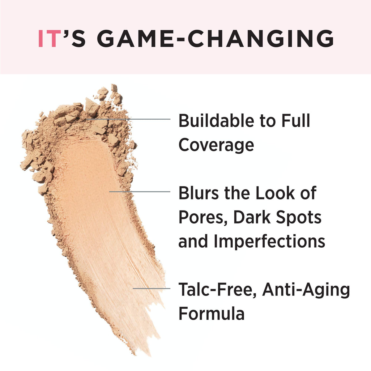 IT Cosmetics close-up of powder texture highlighting smooth, blurring pigments for flawless skin