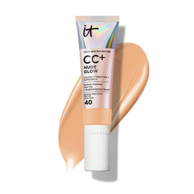 IT Cosmetics front packaging showing medium tan bottle and benefits