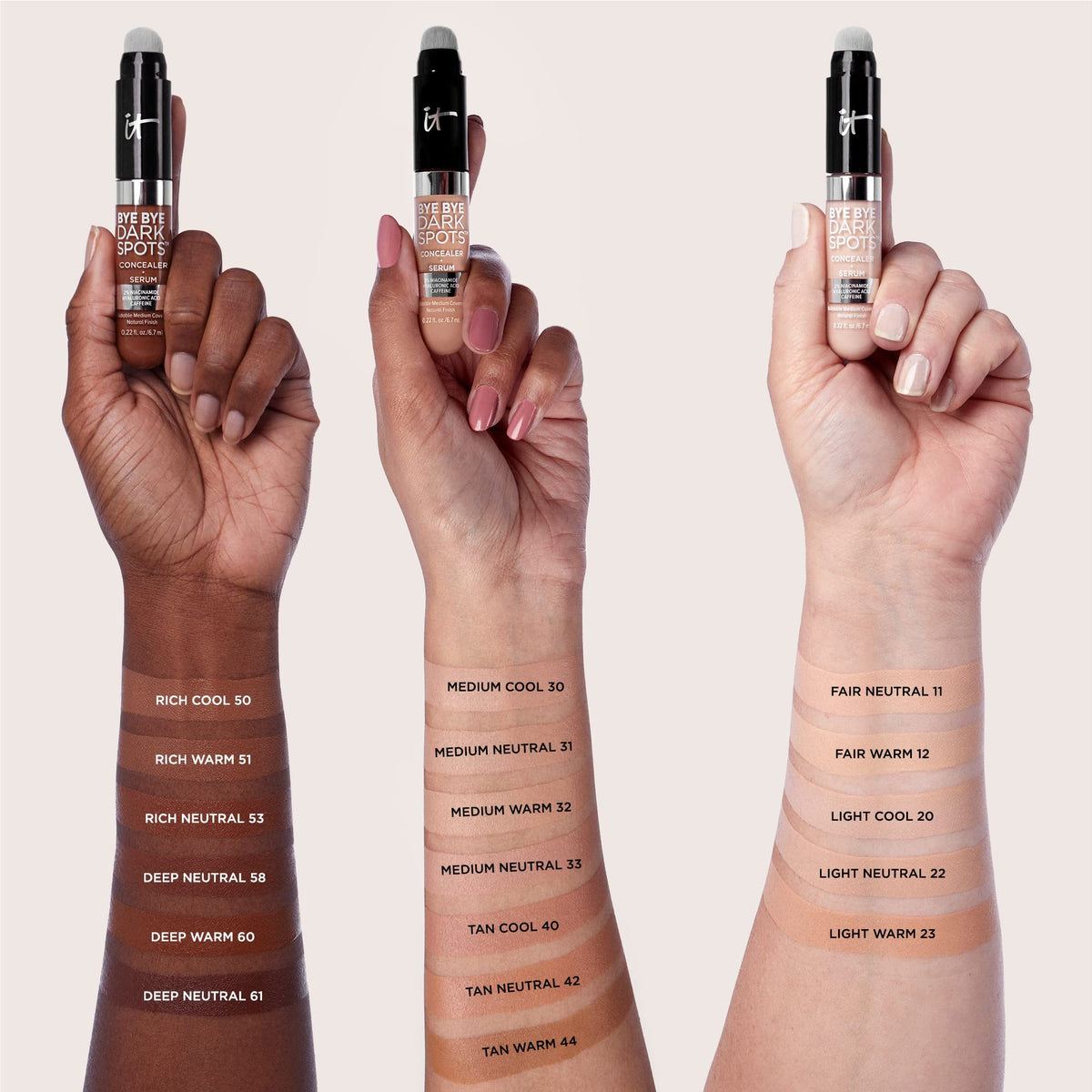 IT Cosmetics concealer texture swatches illustrating creamy coverage and blendability benefit