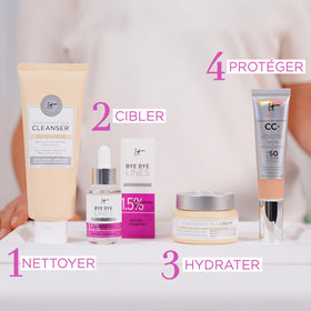 IT Cosmetics serum in palm illustrating lightweight spreadability