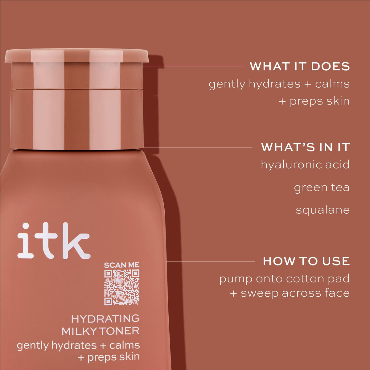 ITK toner being dispensed into hand for application, shows easy absorption and prep