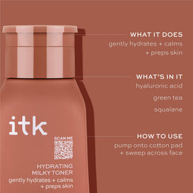 ITK toner being dispensed into hand for application, shows easy absorption and prep