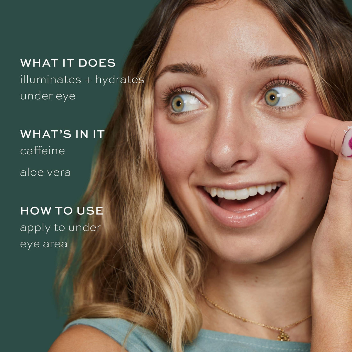 ITK applying under-eye stick demonstrating depuffing and cooling effect