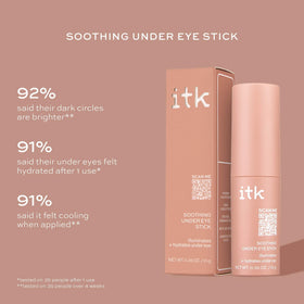 ITK hand applying under-eye stick demonstrating quick depuffing