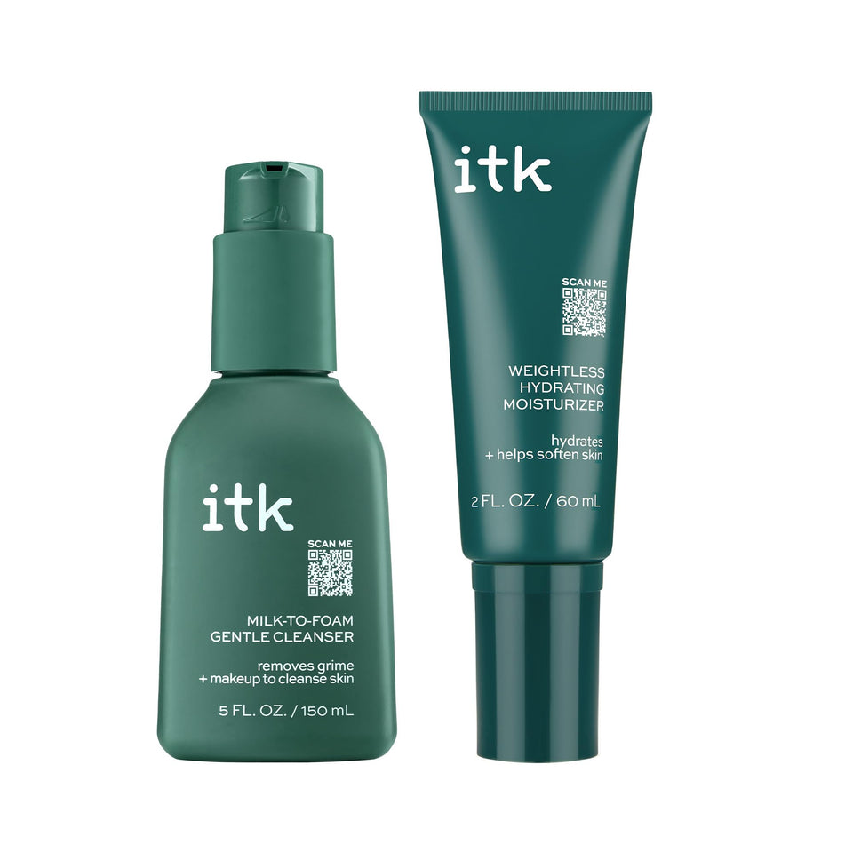 ITK front packaging showing cleanser and moisturizer, clear product benefits