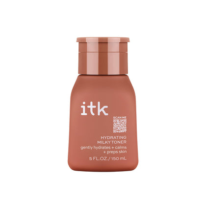 ITK front packaging of hydrating milky toner showing bottle and label, hydrating benefit