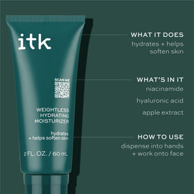 ITK moisturizer next to common items showing 2 fl oz travel-friendly size
