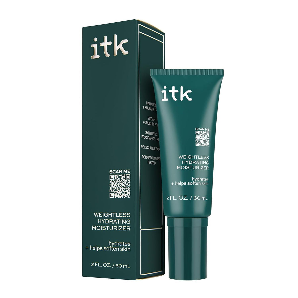 ITK front packaging of weightless moisturizer shows brand and size benefits