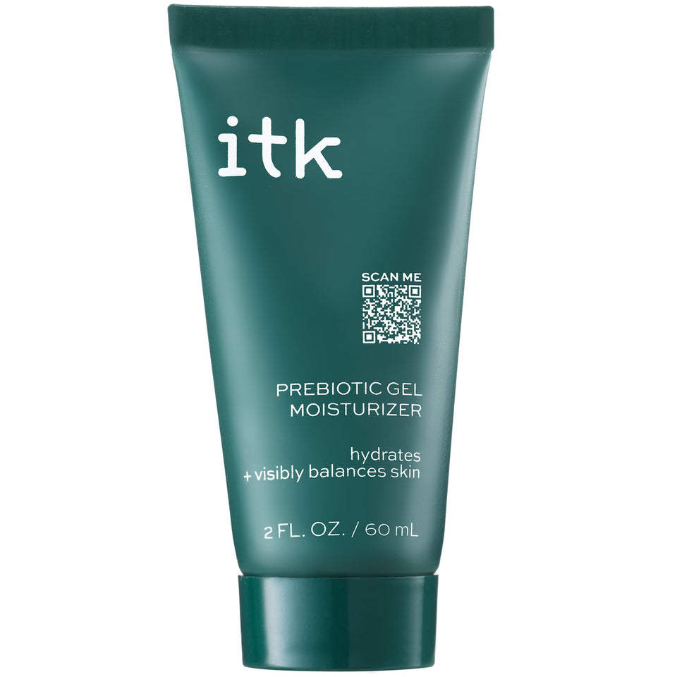 ITK prebiotic gel front packaging shows clean recyclable bottle and label benefits