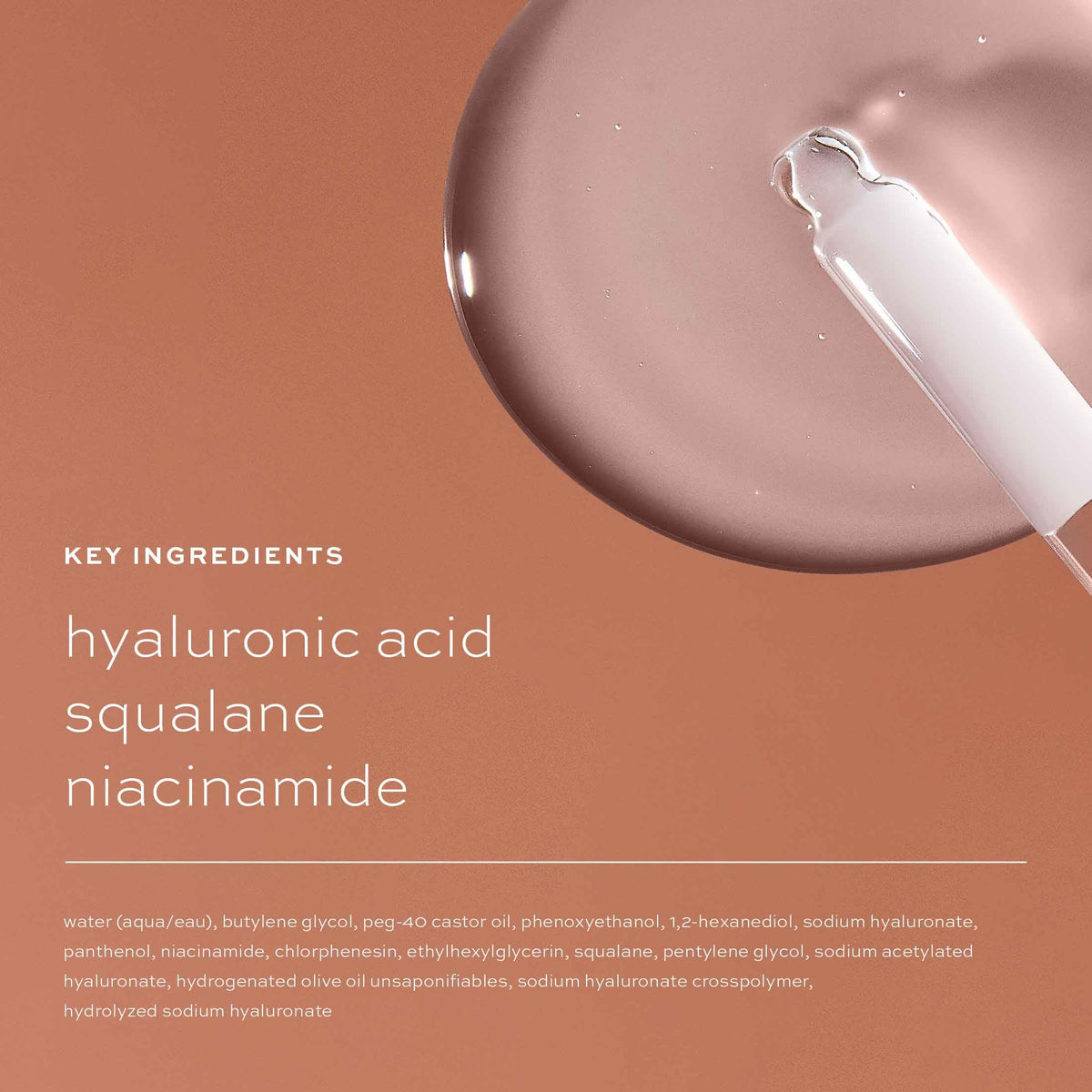 ITK serum ingredients label displaying hyaluronic acid, niacinamide and squalane