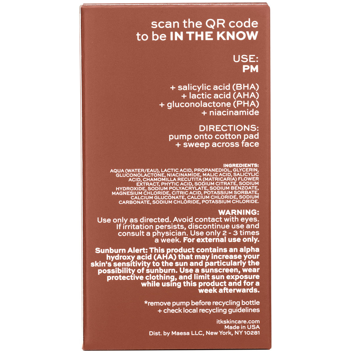 ITK ingredient label close-up featuring acids and niacinamide for brightening benefits