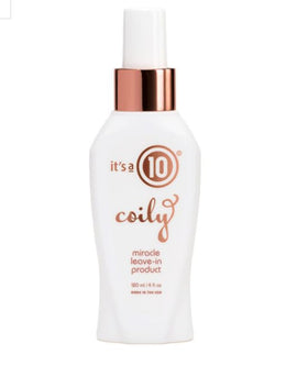 Person applying It's A 10 Coily leave-in to coils demonstrating detangling and definition benefit