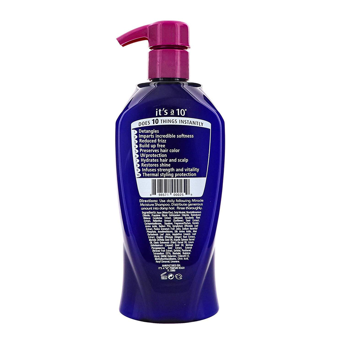 It's a 10 Haircare label close-up showing ingredient callouts and directions
