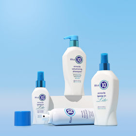 Its A 10 in bathroom styling scene beside towel and brush demonstrating boost in volume before styling
