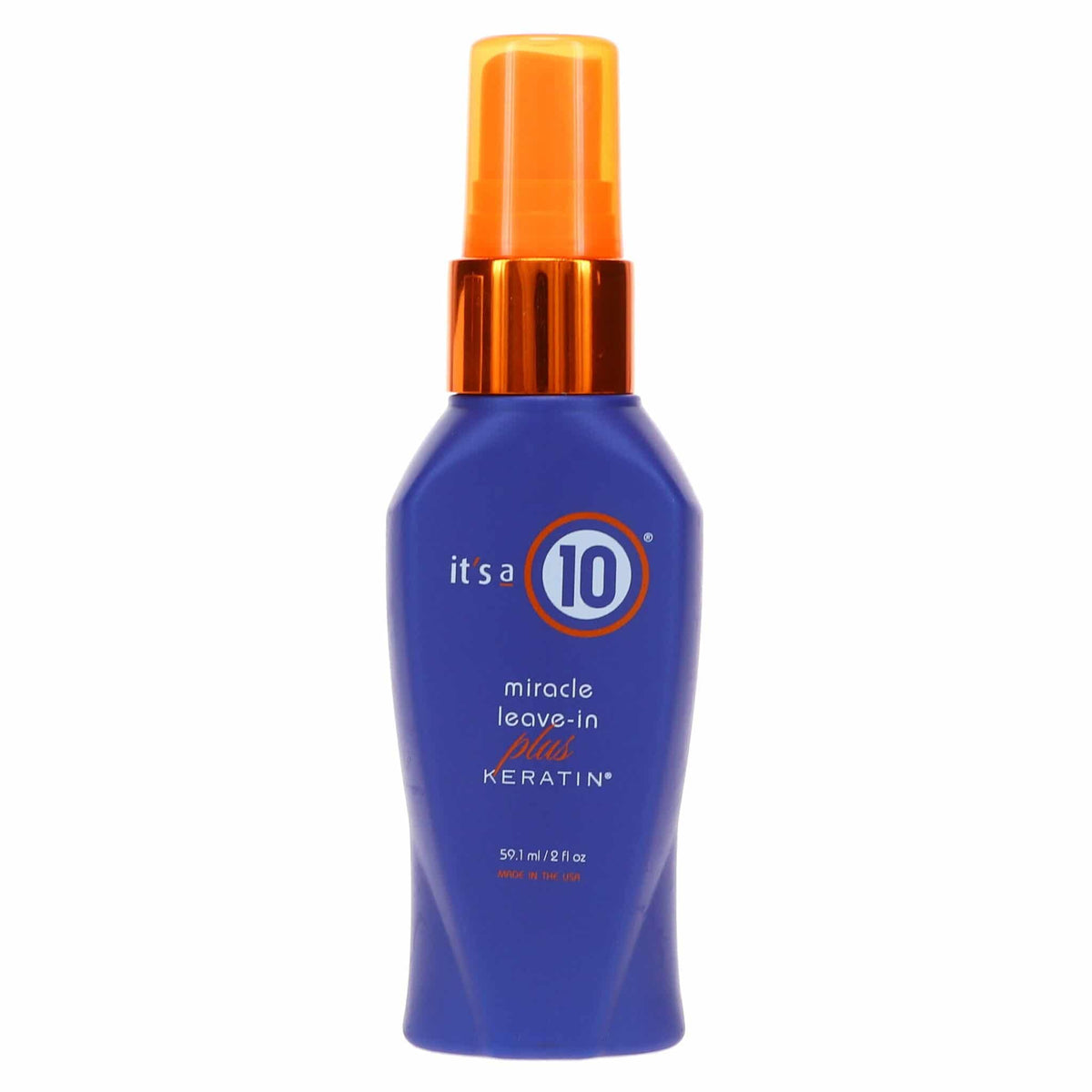 It's a 10 Miracle Leave-In Plus Keratin 2 oz front bottle showing label and travel size benefit