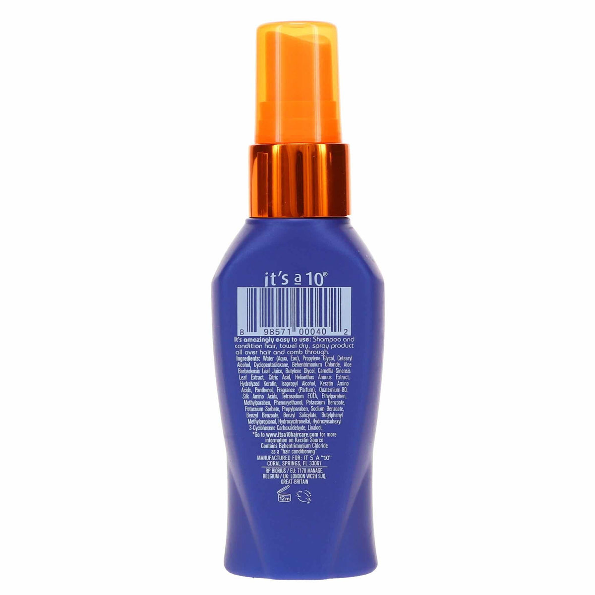 It's a 10 Miracle Leave-In Plus Keratin spray being applied to damp hair for smoother styling