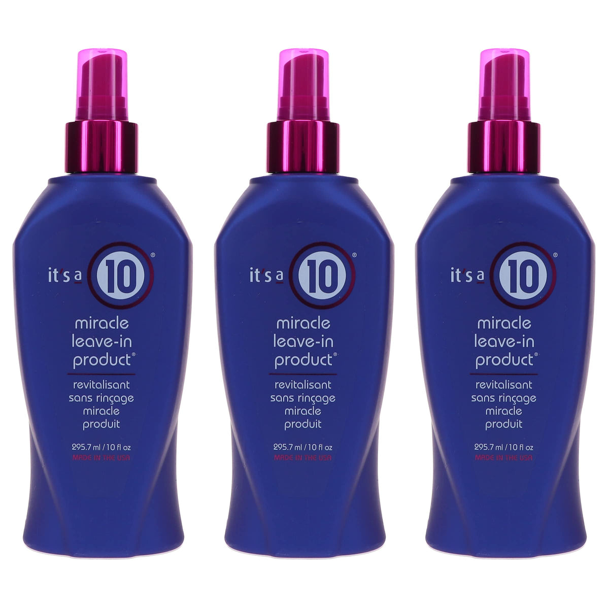 It's a 10 front packaging shows the three 10 fl. oz. bottles and easy identification benefit