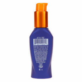 It's A 10 oil in hand drops being applied to hair, brand smoothing and shine benefit