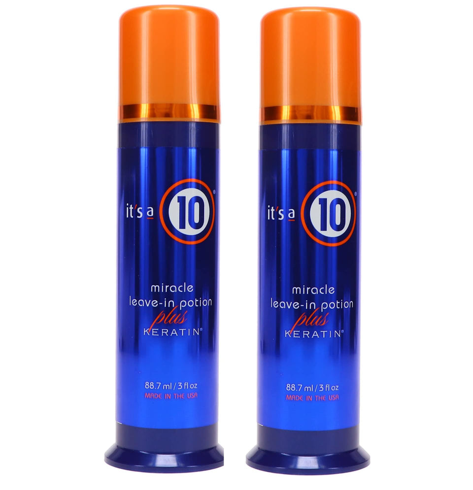 It's a 10 Haircare Miracle Leave-In Potion front bottle showing label and packaging benefit