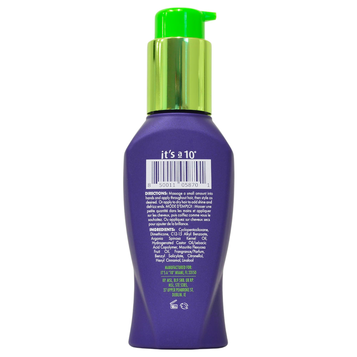 It's A 10 pump and label close-up highlighting easy dispensing and ingredient callouts