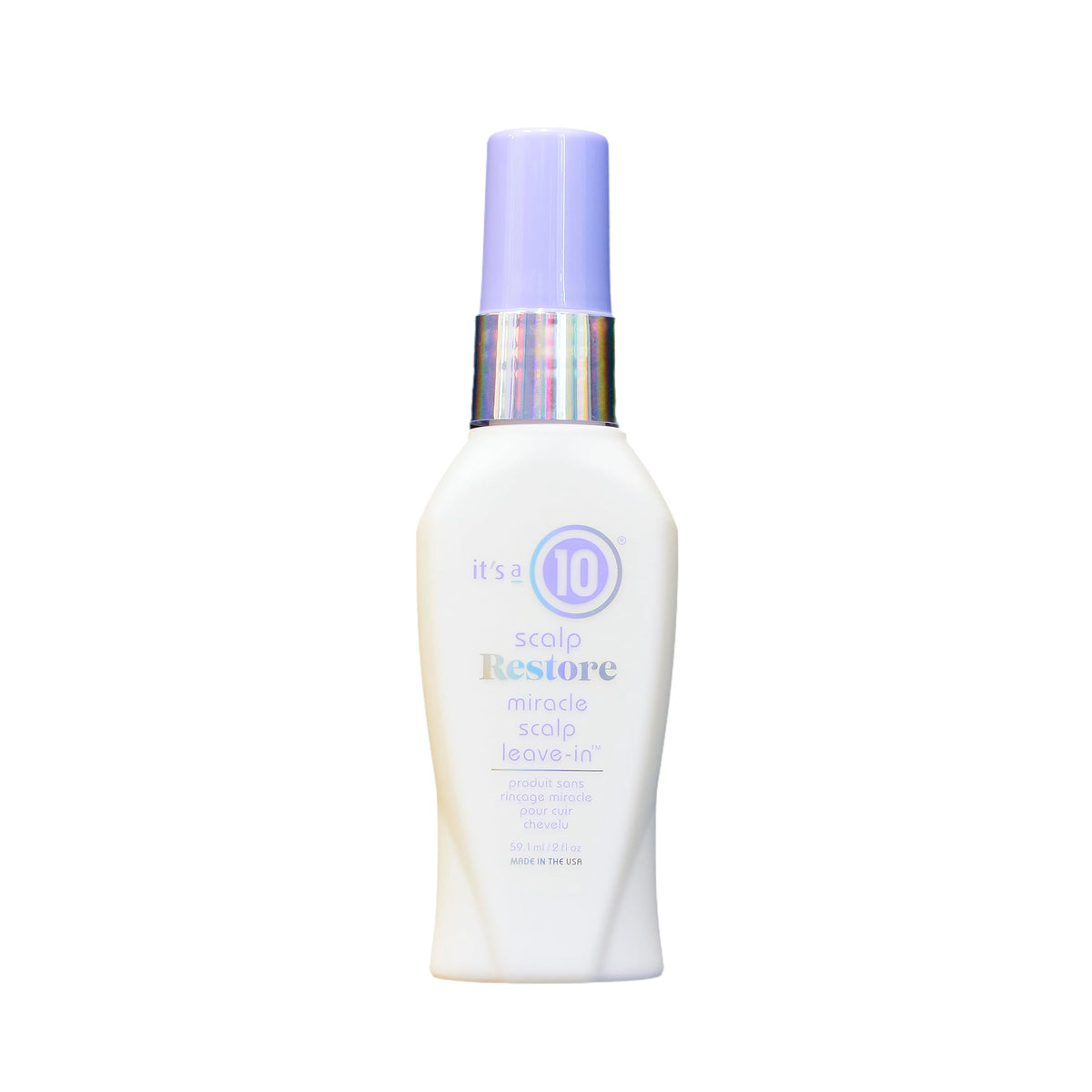 It’s a 10 front bottle showing label and 2 oz size, promoting easy scalp care