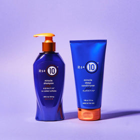 It's a 10 shampoo in shower being applied to wet hair, illustrating reduced breakage benefit