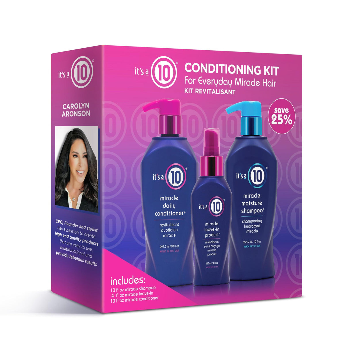 It's a 10 trio kit front packaging showing three travel-size bottles for smooth, shiny hair