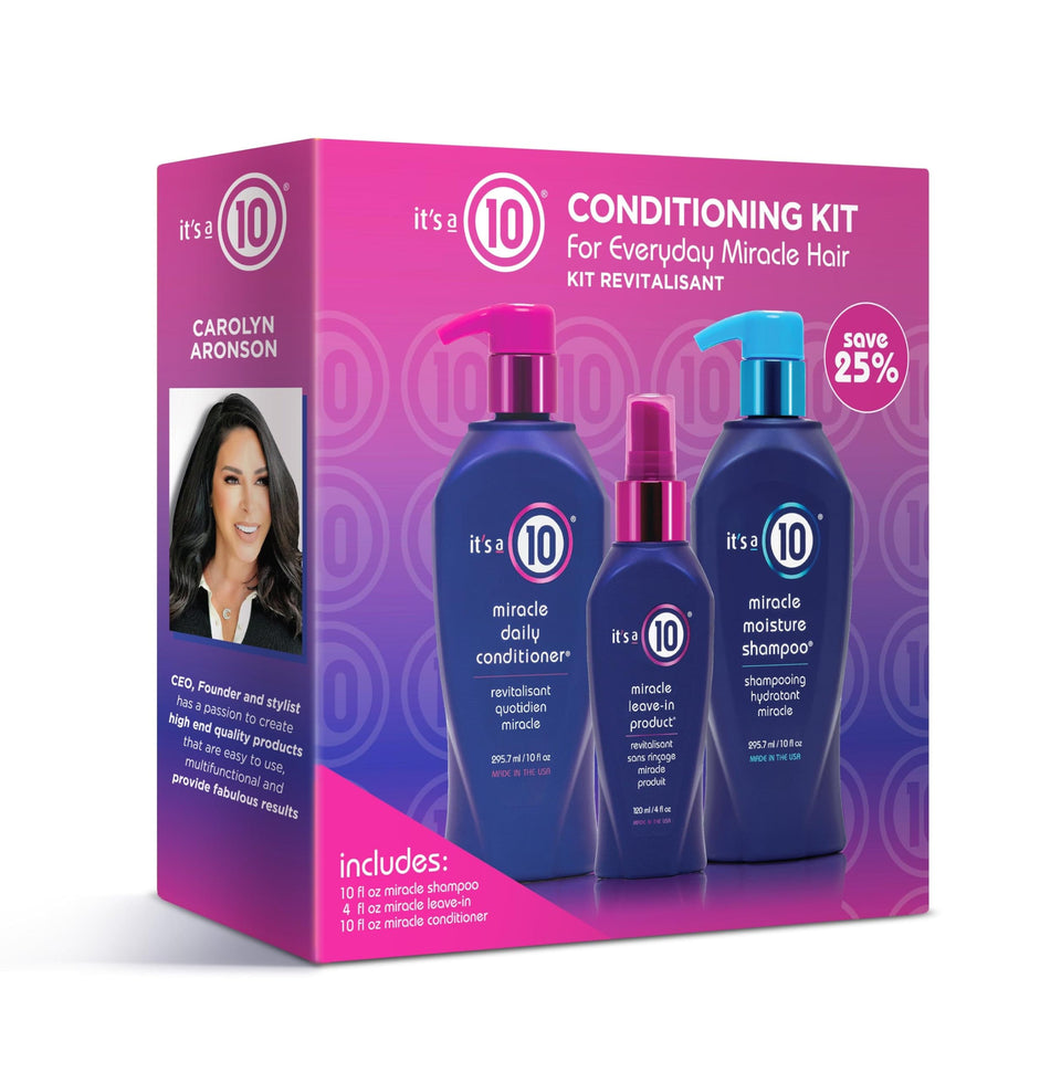 It's a 10 trio kit front packaging showing three travel-size bottles for smooth, shiny hair