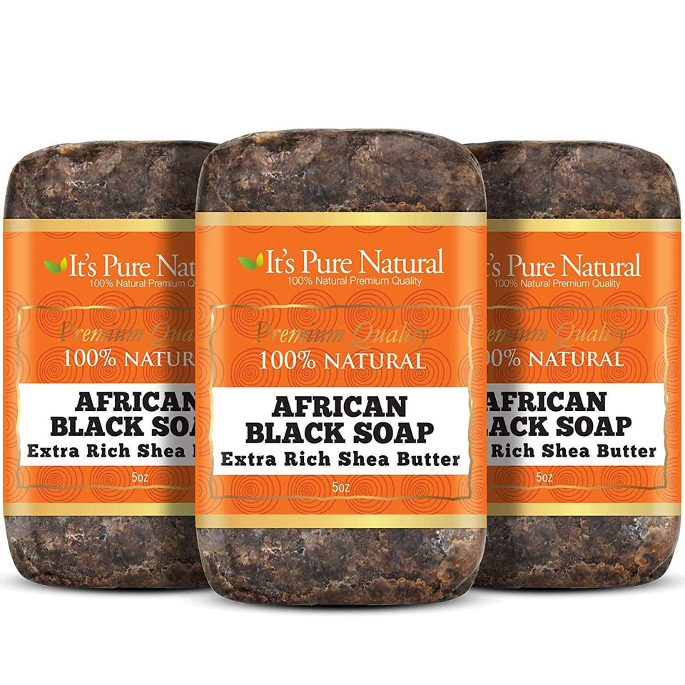 It's Pure Natural front packaging showing three soap bars and origin information, promotes natural cleansing