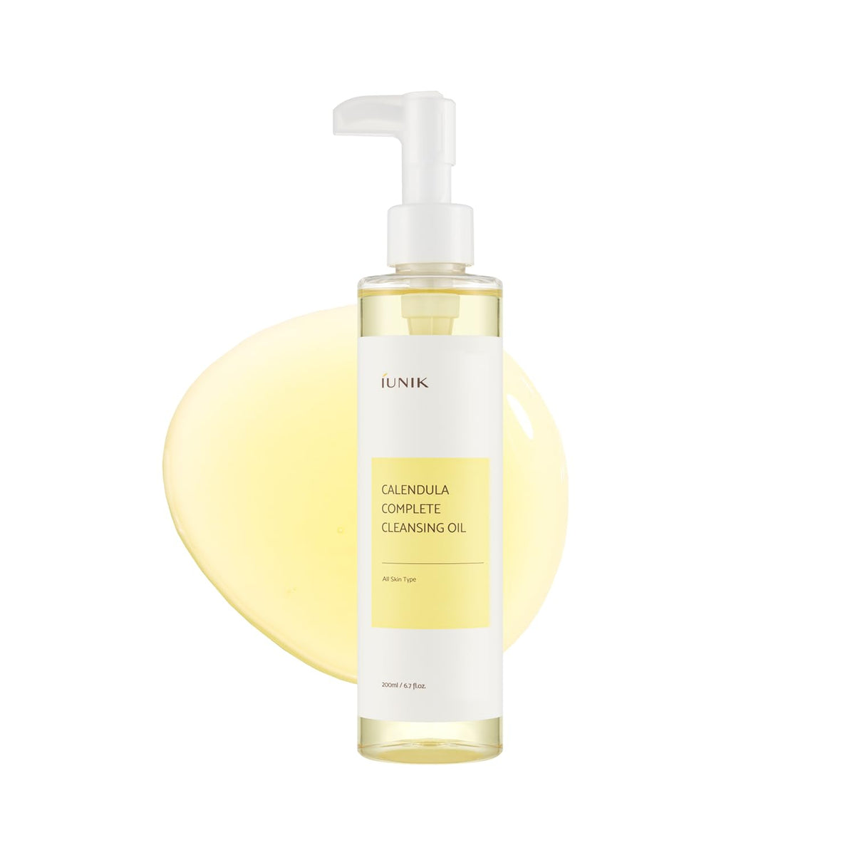 IUNIK front bottle view showing calendula cleanser and clear packaging benefit