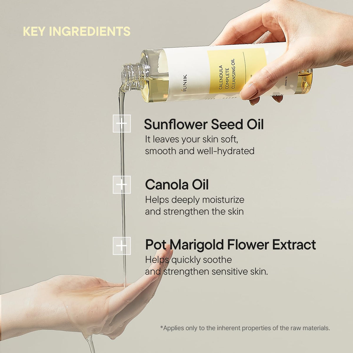 IUNIK cleansing oil pouring onto palm demonstrating effective makeup breakdown