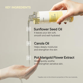 IUNIK cleansing oil pouring onto palm demonstrating effective makeup breakdown