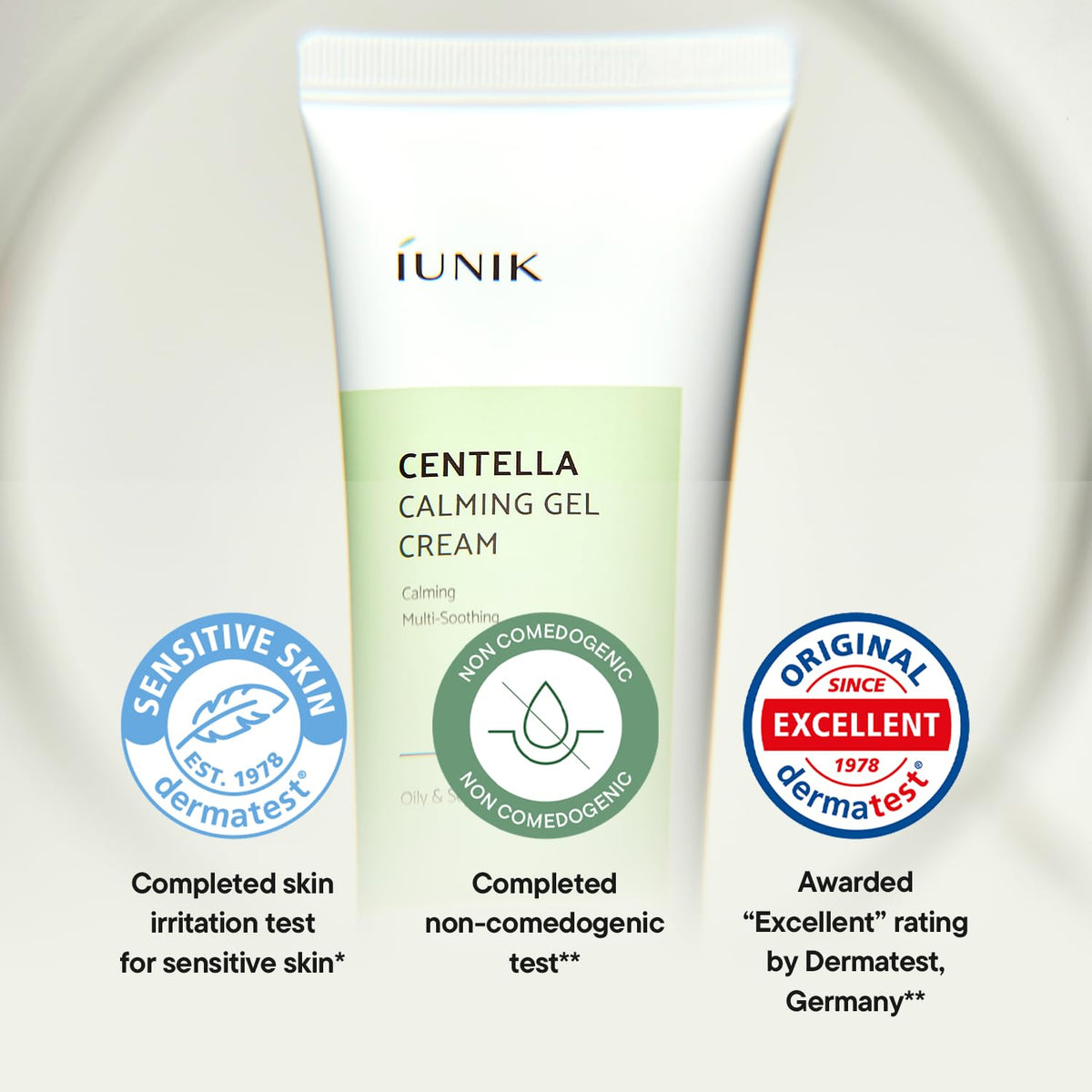 IUNIK Centella gel cream spread on hand showing quick absorption and matte finish benefit