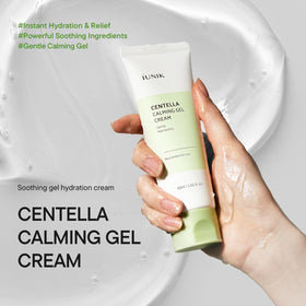 IUNIK Centella jar staged with centella and tea tree leaves showing natural ingredient benefit