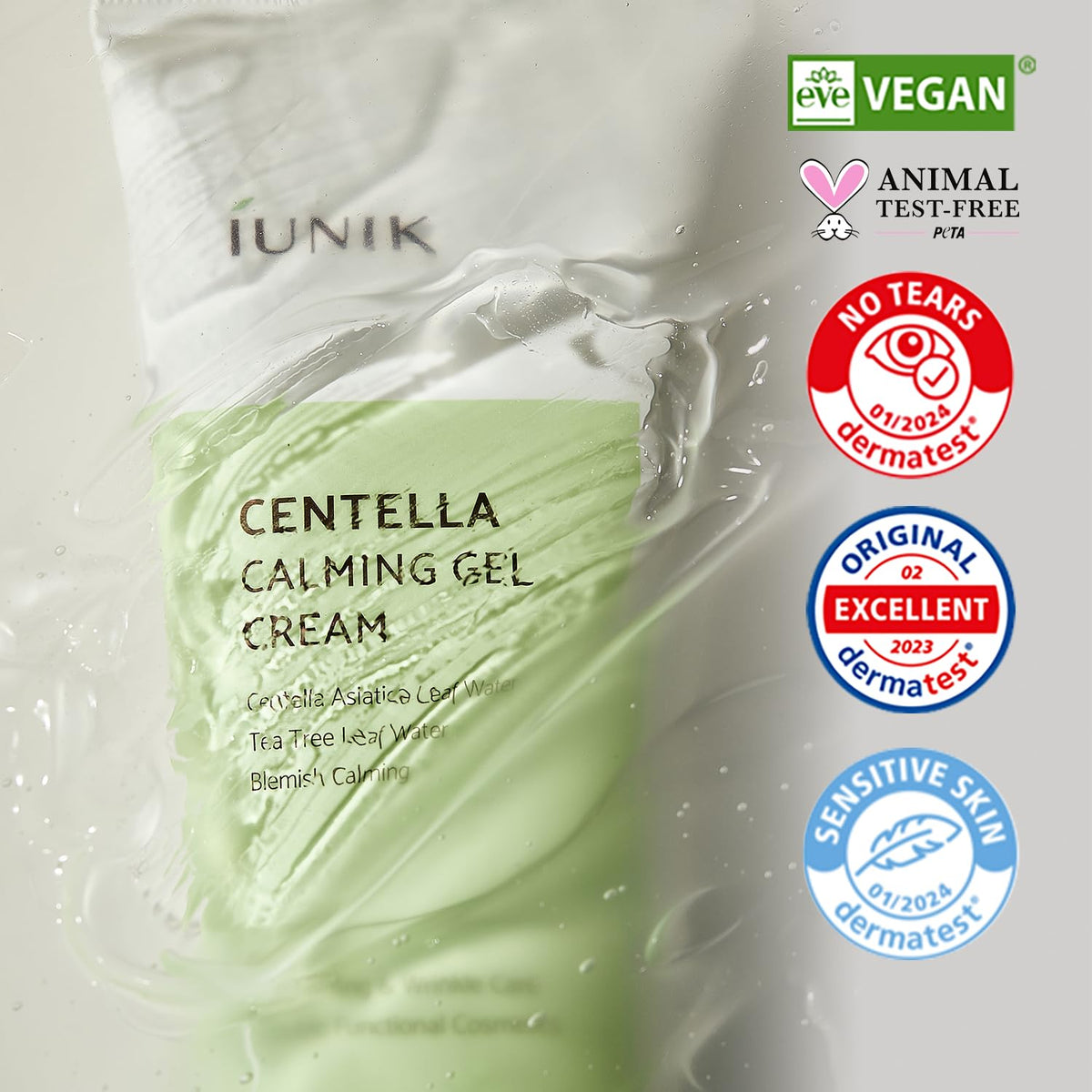 IUNIK Centella open jar beside a 60ml scale showing true product size and travel-friendly benefit