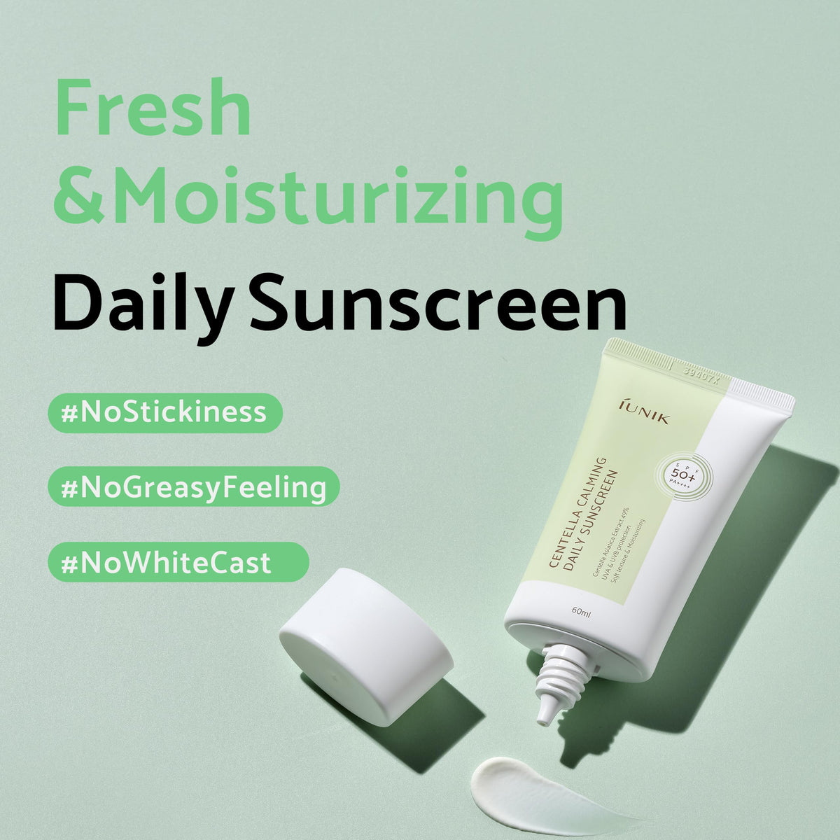 IUNIK applying sunscreen to hand demonstrating quick absorption benefit
