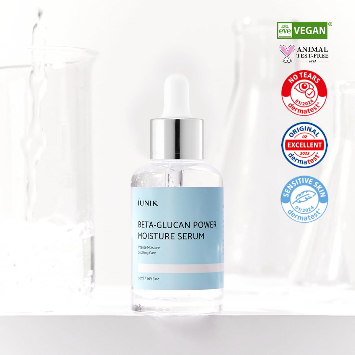 IUNIK placed on bathroom shelf with other products showing routine compatibility