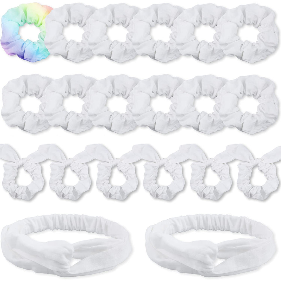 IVARYSS front packaging showing 20-piece white scrunchie set and included bands for easy crafting