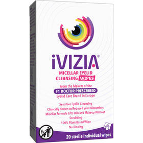 iVIZIA front packaging showing box of 20 sterile eyelid cleansing wipes for gentle hygiene