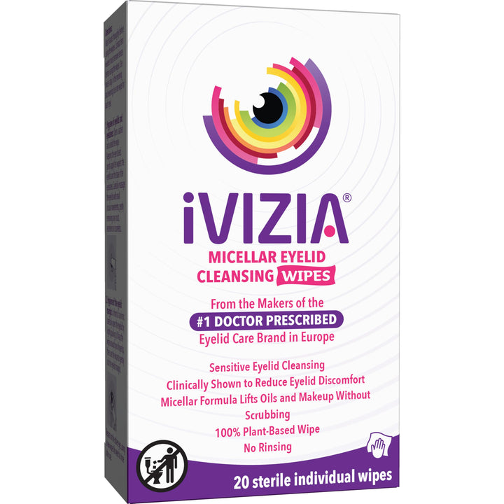 iVIZIA front packaging showing box of 20 sterile eyelid cleansing wipes for gentle hygiene