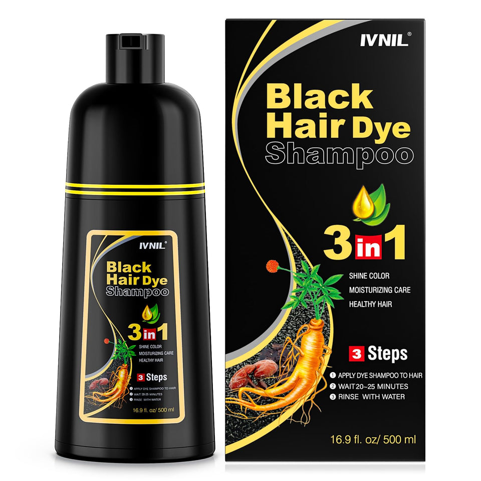 Ivnil bottle front view showing black hair dye shampoo for easy coverage