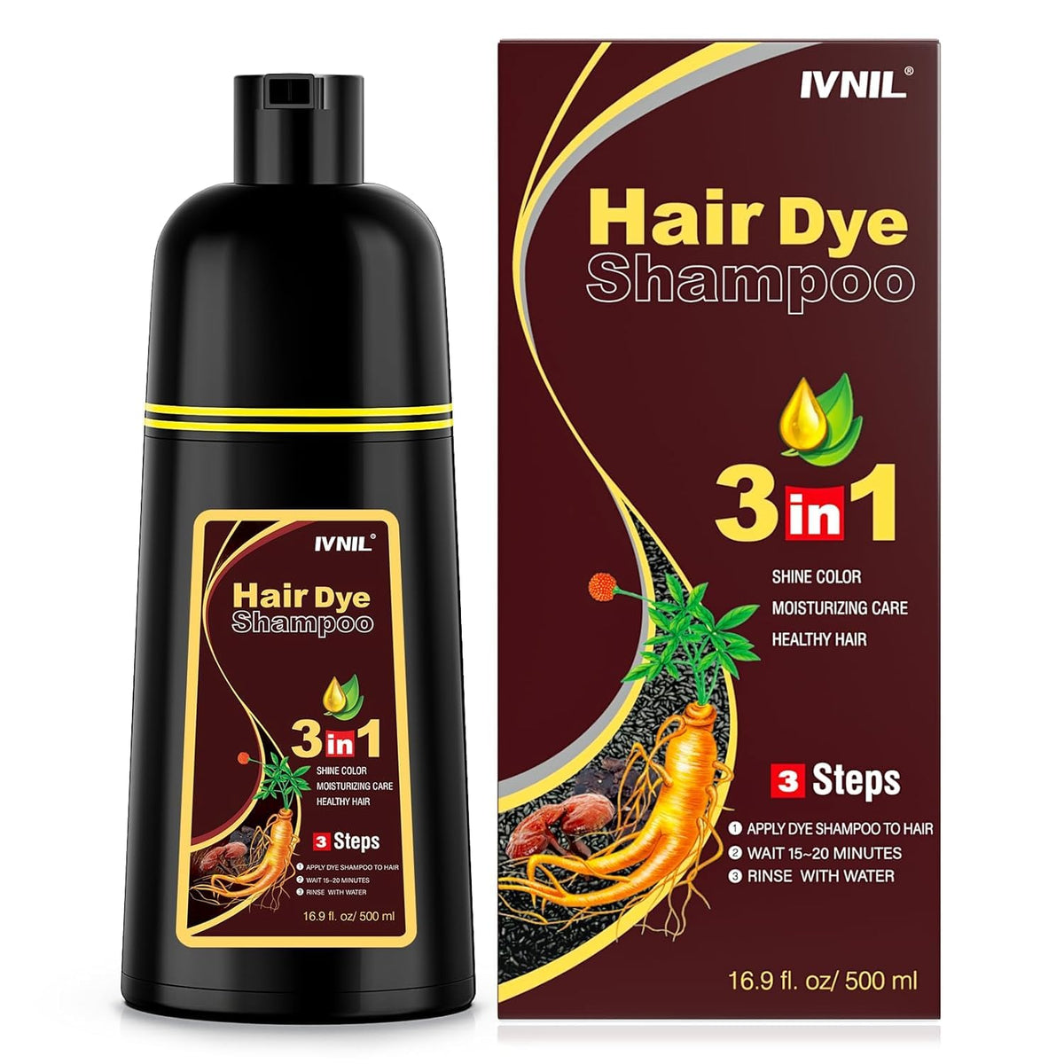 Ivnil front bottle brown shampoo showing label and easy at-home tinting benefit