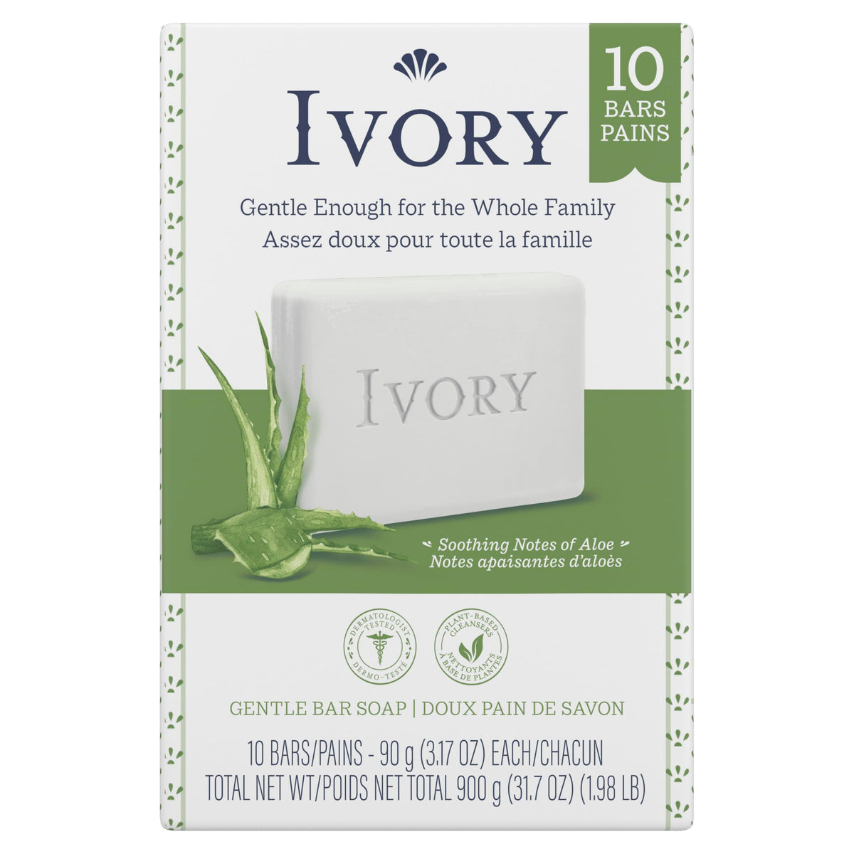 Ivory aloe front packaging showing pack of ten and scent