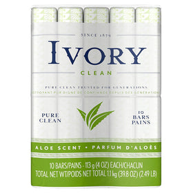 Ivory bath size aloe front packaging showing 10-count box and pack benefits